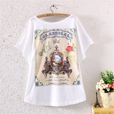 

Vintage Spring Summer Digital Printing Girl Womens Loose Short Batwing Sleeve T-shirt