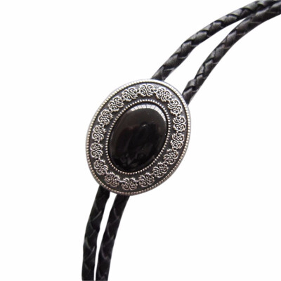 

Vintage Silver Plated Small Size Black Agate Stone Celtic Oval Wedding Bolo Tie