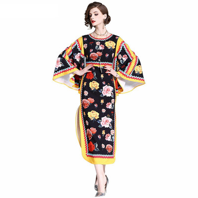 

2018 O-neck Long Butterfly Sleeve Straight Special Midi Slit Women Spring Evening Slit Dresses Long
