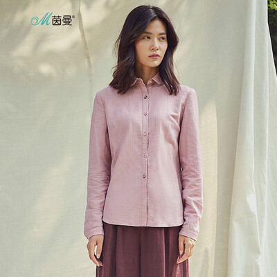 

INMAN 2018 autumn new linen cotton dark jacquard small shirt collar basic shirt female 18830VP11403 pink purple L