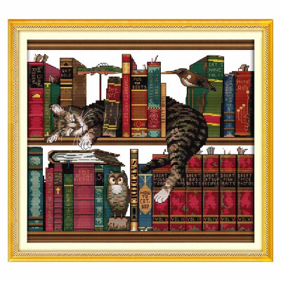 

41 38cm DIY Handmade Needlework Counted Cross Stitch Set Embroidery Kit 14CT Cat on Bookshelf Pattern Cross-Stitching Cross Stit