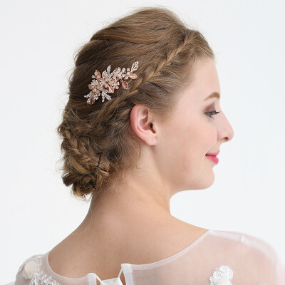 

Rose Gold Flower Leaf Wedding Hair Comb Jewelry Handmade Rhinestone Bridal Headpiece Hair accessories