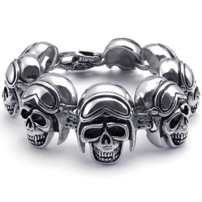 

Hpolw Large Heavy silver&black Stainless Steel Gothic Skull/skeleton head Biker Mens Lobster Clasps Skeleton link chain Bracelet