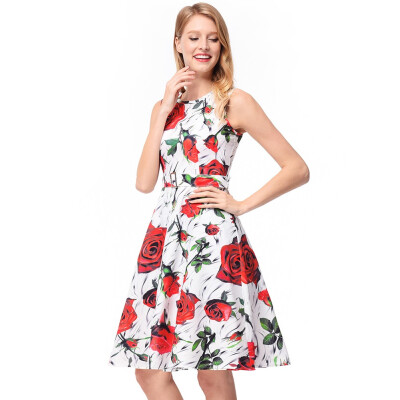 

Women Elegant Vintage Rose Floral Print High Waist Midi Flare Dress 2018 Plus Size Vestido Beach Holiday Robe de Festa