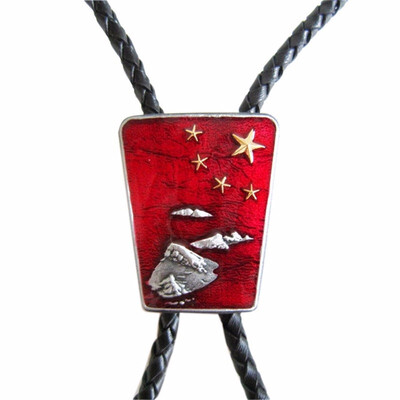 

Vintage Original Gold Stars Red Enamel Flag Map Bolo Tie Leather Necklace