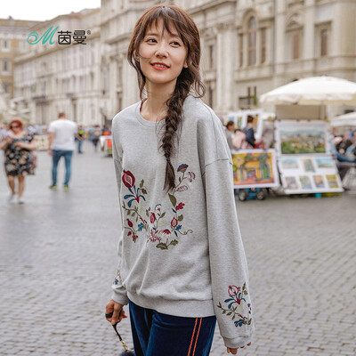 

INMAN 2018 autumn new round neck drop shoulder sleeves shrink hem embroidered wild sweater female 18830VP82231 flower gray