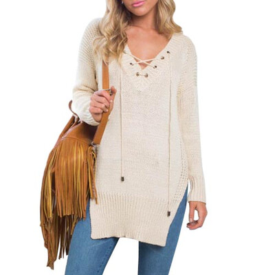 

CT&HF Women Casual Loose Lace-up Long Sleeves Pullover Sweater