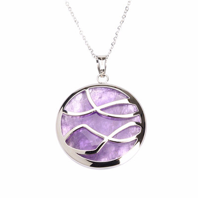 

Round Simple Lines Purple Quartz Crystal Pendant Stainless Steel Necklaces 17"