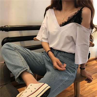 

2018 women wear korean style loosen V neck loosen collar lace side sling short sleeve off shoulder T-shirt