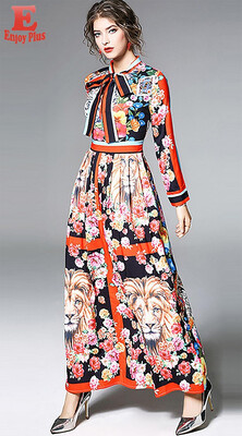 

M L XL XXL vintage new autumn 2018 women long maxi dress long sleeve digital flower print ankle length elegant lady slim A line
