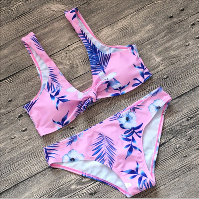 

2018 Sexy Print Vest Women Bikinis Set Strap Swimsuit Women Mid Waist Swimwear Front Tie Knot Biquini Bathing Suit