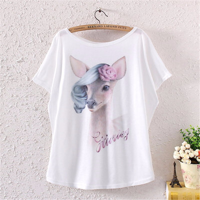 

Vintage Spring Summer Digital Printing Girl Womens Loose Short Batwing Sleeve T-shirt