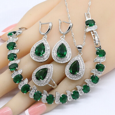 

925 Silver Jewelry Sets For Women Green Emerald Bracelet Earrings Necklace Pendant Rings