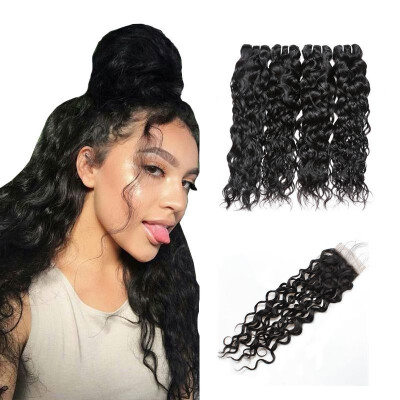 

Ishow Hair 7A Unprocessed Malaysian Water Wave Human Hair 4 Bundles With Closure With Baby Hair Free Middle Three Part Closure