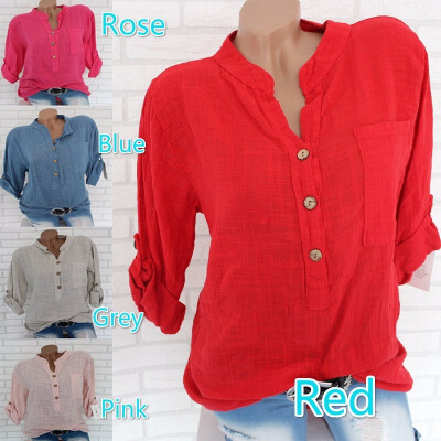 

Womens Fashion V-neck Pure Color Blouse Rolled Long Sleeve Tops