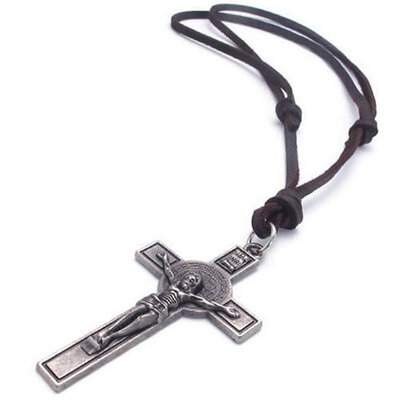 

Hpolw Mens Vintage Style Jesus Crucifixion Cross Pray Pendants Brown Genuine Leather Cord Necklace ChainChristmas present
