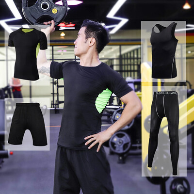 

Fan Dimu fitness clothing sports suit four-piece fitness clothing tight compression clothing men&women training running clothes FNZ9001-mesh green - short-sleeved four-piece