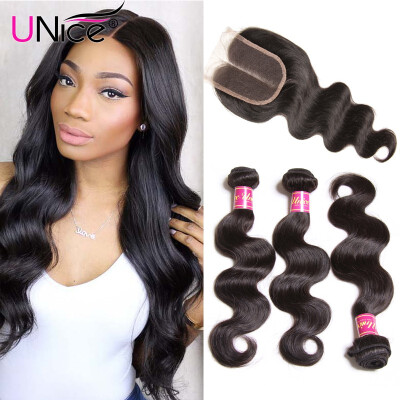 

UNICE Hair Brazilian Body Wave Virgin Hair Bundles With Closure 4PCS Human Hair Bundles With Closure 8-26 "Virgin Hair Extension