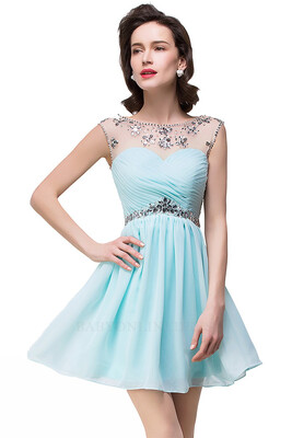 

Short Mini Homecoming Prom Party Dresses 2018 Sheer Neck Pleated Chiffon Red Graduation Dress