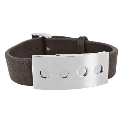 

4 Little Round Holes Stainless Steel Plate Mens Genuine Leather Bracelet Watch Band Bangle