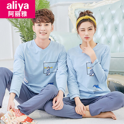 

Aria pajamas women autumn cotton long-sleeved couple pajamas men autumn cotton student ladies home service female autumn suit ALY20011-16 male lake blue lighthouse XXL