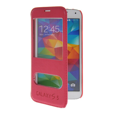 

MOONCASE View Window Leather Side Flip Pouch Stand Shell Back Case Cover for Samsung Galaxy S5 i9600 Hot pink