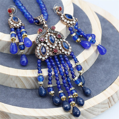 

New Bohemia Natural Stone Long Beads Tassels Pendant Necklace Drop Earring Antique Gold Color Resin India Jewelry Sets 2018 Gift