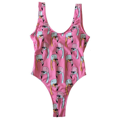 

2018 Womens Flamingos Print Bandage Swimwear Bikini Bathing Suit One Piece Swimsuit