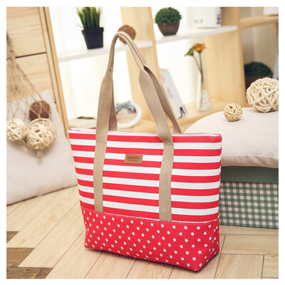 

SMOOZA Fashion Striped Casual Tote Women Canvas Handbag Casual Shoulder Shopping Bags Beach Zipper Large Bag Sac A Main Bolsas