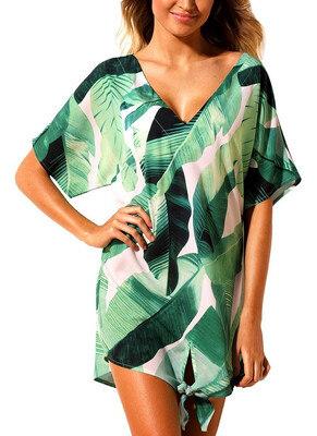 

2018 Women Beach Dresses Cover Ups Plants Print Tie Knot Mini Bikini Beachwear