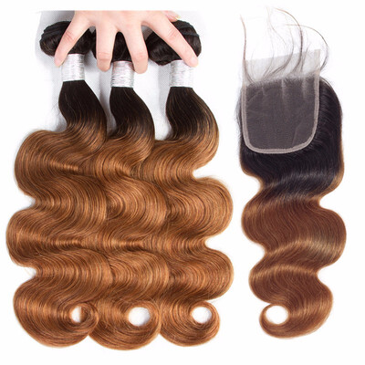 

HCDIVA Body Wave Ombre Hair Peruvian 3 Bundles with Closure 44 Virgin Human Hair Extensions Ombre Brown T1B30