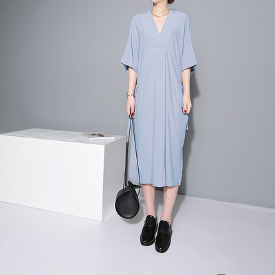 

QUZIHUA 2018 New Summer Black Light Blue V-neck With Sashes Soft Cotton Long Loose Plus size Casual Dress Women