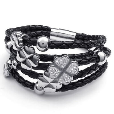 

Hpolw women black&silver Stainless SteelLeather Clover Charms Braided crystal Bracelet
