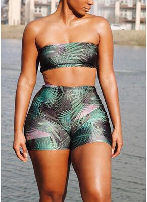 

2018 Women Strapless Swimsuit Leaves Print Shorts Bikini Set Swimwear Bathing Suit