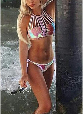 

2018 Women Sequin Bandage Bikini Set Strappy Push Up Padded Bra Swimsuit Swimwear