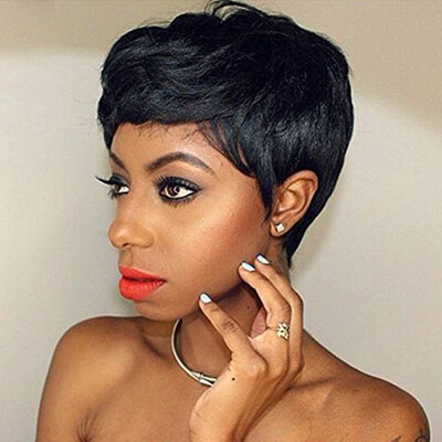 

QianBaiHui Synthetic Hair Womens Short Wigs Pixie Cut Hairstyle African American Straight Full Wigs Black Color