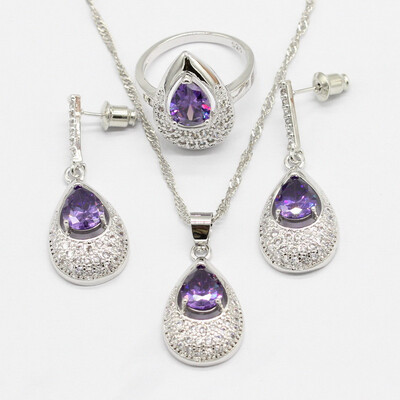 

925 Silver Bridal Jewelry Sets For Women 7 Colors Necklace Pendant Long Earrings Rings Free Gift Box