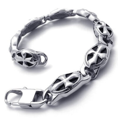 

Hpolw Men's Vintage fashion silver&black Cross Stainless Steel Oval Lobster Clasps/Key buckle Bracelet