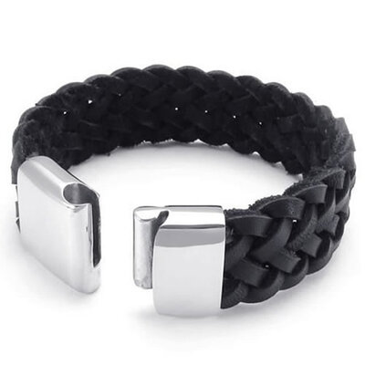 

Hpolw Mens black Genuine Leather&Stainless Steel hand-knitted Spring buckle Bracelets/Bangle,20mm,8" 8.5" 9"