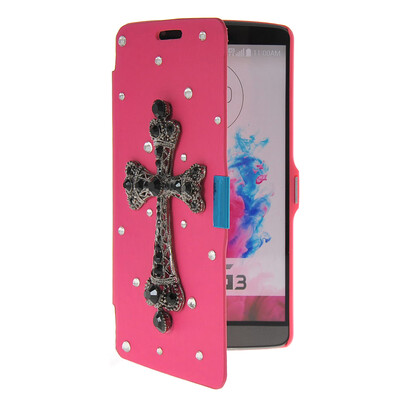 

MOONCASE Bling Rhinestone Crystal Ultre Slim Leather Side Flip Wallet Shell Back ЧЕХОЛ ДЛЯ LG G3 Hot pink