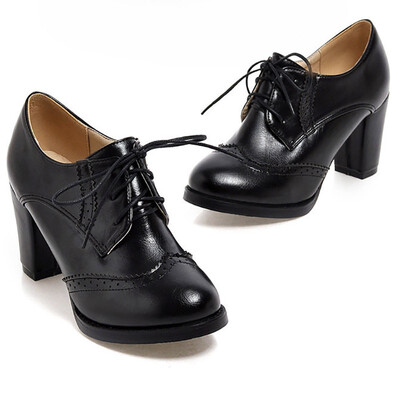 

IDIFU Womens Trendy Round Toe Brogue Oxfords Shoes Block High Heel Lace-up Ankle Boots