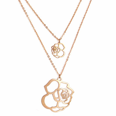 

Womens Double Layer Camellia Flower Charm Rose Gold Necklace