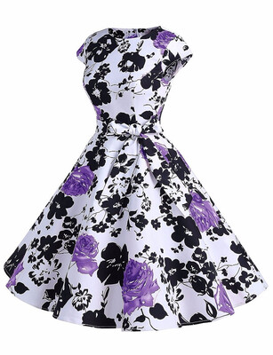 

Vintage Women Floral Printed Swing Cocktail Party Dress Summer Short Sleeve Hebborn Style Dress