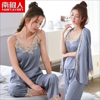 

Antarctic Pajamas Women Summer 3 Piece Long Sleeve Sexy Imitation Silk Princess Sweet Ice Silk Sling Pajamas Korean Lace Home Service Orange