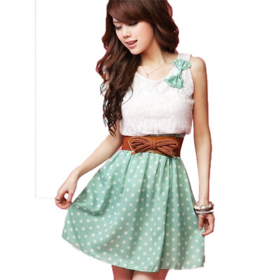 

New Korean Fashion Style Polka Dot Sweet Lovely Mini Dress OrangeGreen Lace Top With Belt
