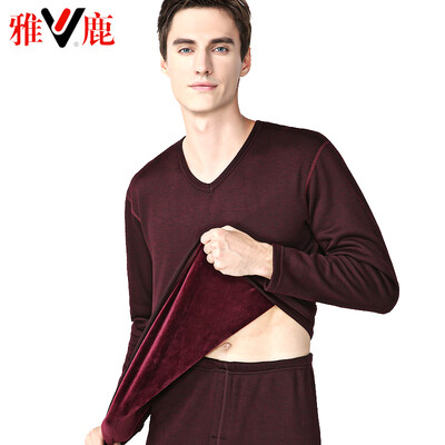 

Yalu thermal underwear men thickening plus velvet autumn clothes long pants suit de velvet thick thermal underwear lovers suit male V-neck wine red L