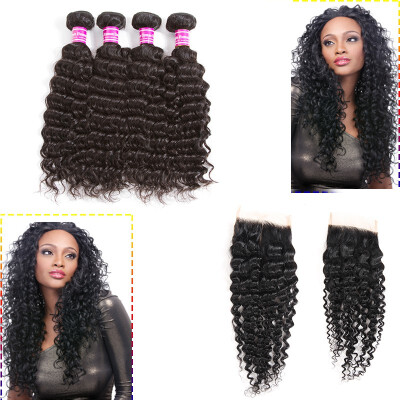 

Glary Brazilian 8A Unprocessed Human Hair Bundles Deep Wave Hair 4 Bundles with Closure 100 Cheap Hair Weaves For Black Women