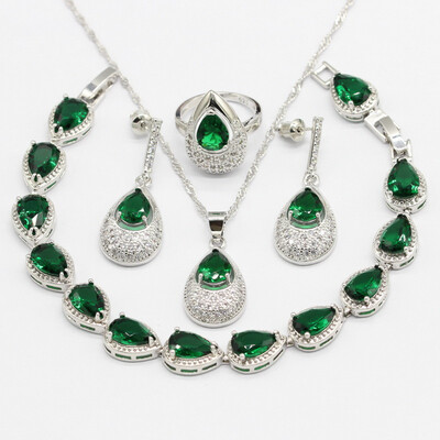 

Water Drop Silver 925 Jewelry Sets For Women Green Semi-precious Necklace Pendant Bracelets Earrings Rings