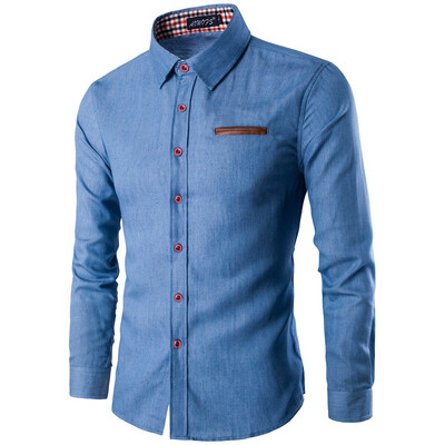 

AOWOFS quality foreign trade mens pockets skinned cotton long-sleeved shirt denim shirt N13