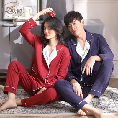 

Qingtong QingTong pajamas couples cotton autumn long-sleeved cardigan home service men&women loose simple wedding set 3375552 female models red L